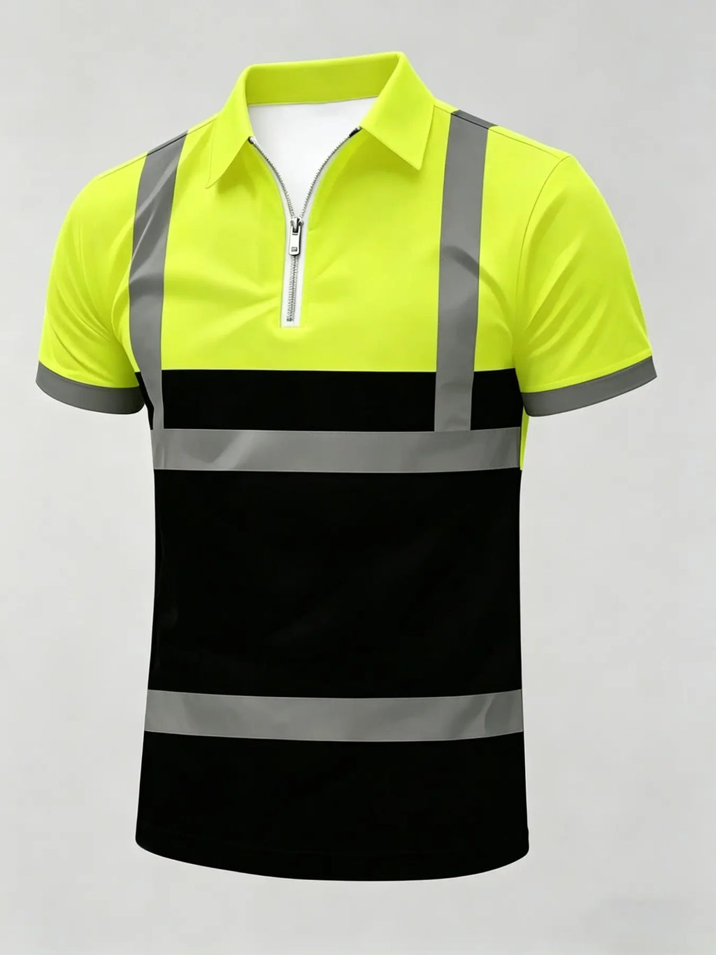 Men's High Visibility Reflective Polo Shirt, Half-Zip Short Sleeve Hi Vis Casual Work Shirt, Fluorescent Yellow & Black Safety Construction Workwear with Reflective Strips, Collared Polo Shirt, Fitted Polo Shirts, Zipper Polo Shirt