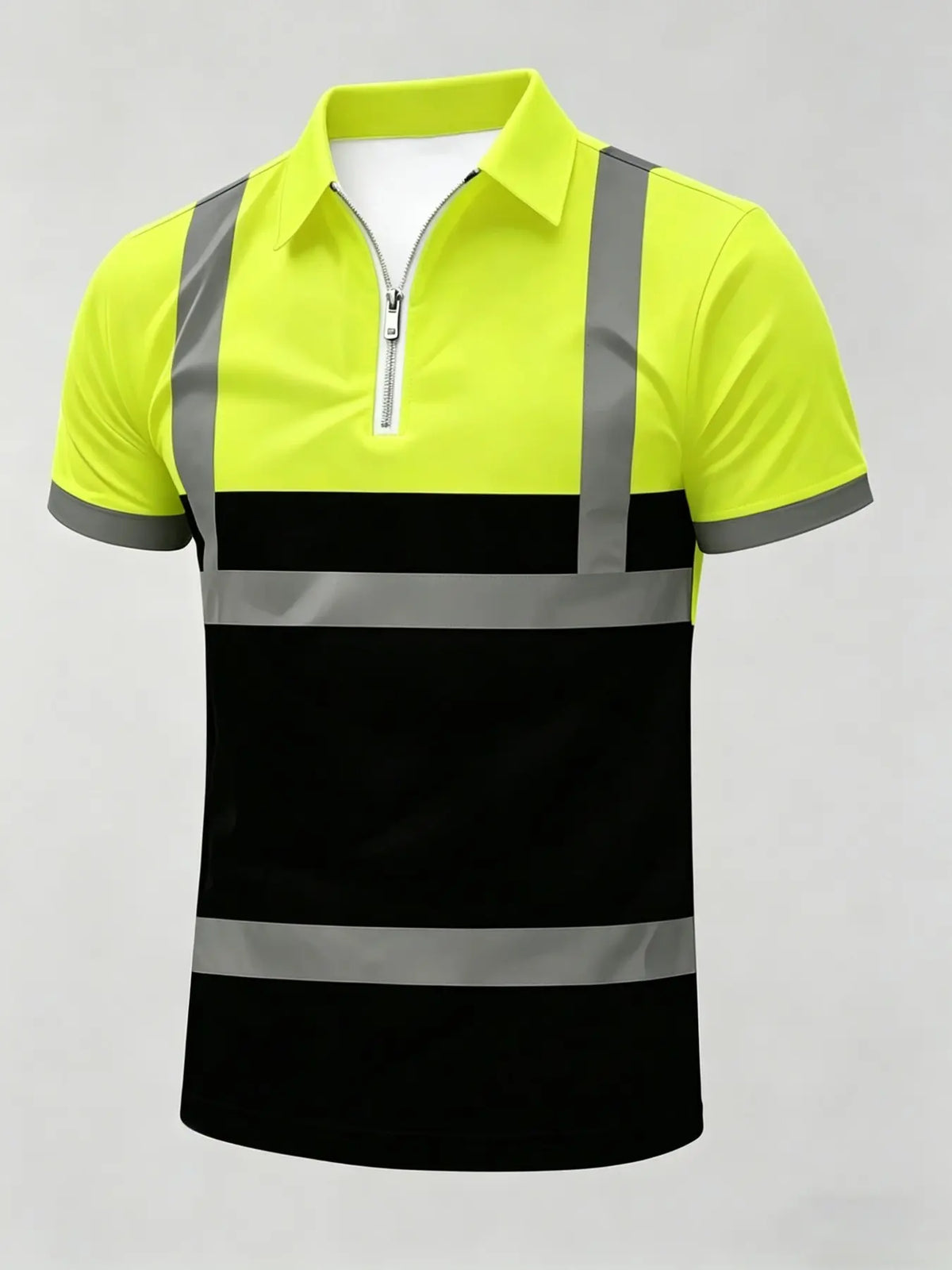 Men's High Visibility Reflective Polo Shirt, Half-Zip Short Sleeve Hi Vis Casual Work Shirt, Fluorescent Yellow & Black Safety Construction Workwear with Reflective Strips, Collared Polo Shirt, Fitted Polo Shirts, Zipper Polo Shirt