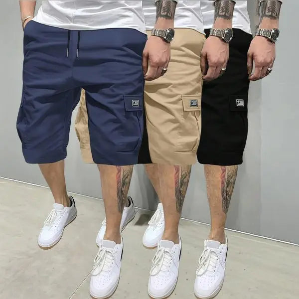 Men's 3-Piece Plain Streetwear Utility Outfits - Hoodie, Multi-Pocket Design Lightweight Mid-Rise Utility Men's Shorts, Comfortable Stylish Outdoor Clothes, Suitable for Everyday Casual & Sports Wear, Beige, Multi-Pocket Design Men's Shorts