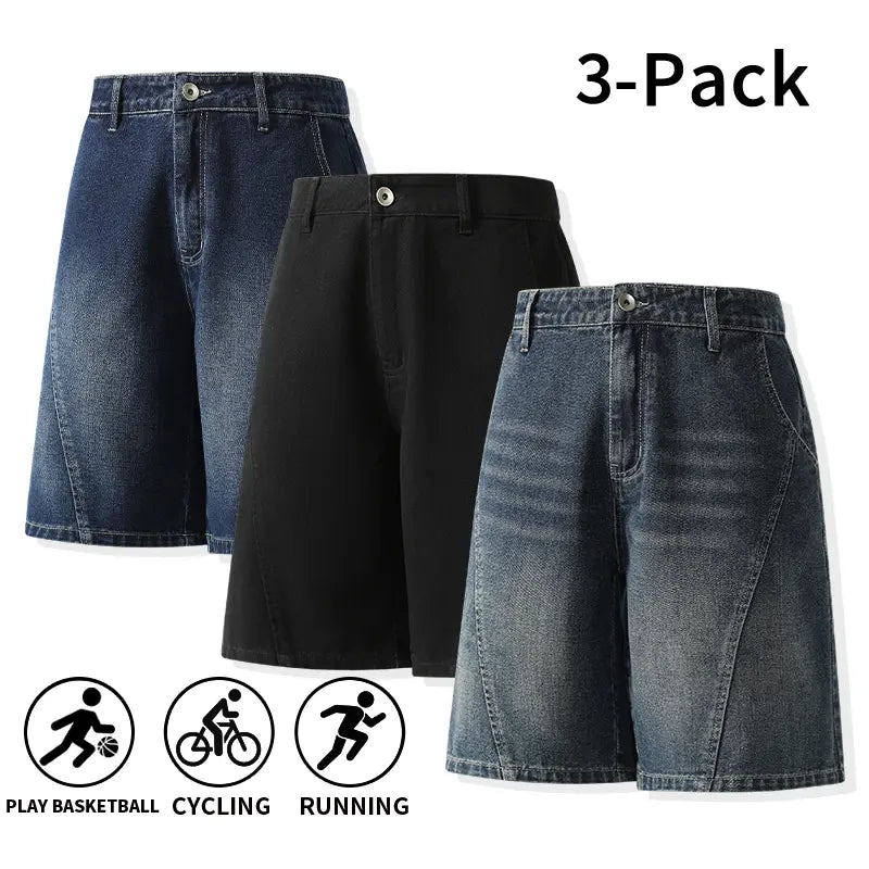 Men's 3-Pack Washed Denim Bermuda Shorts Outfits Set - Loose-Fit, Breezy Cut, Knee-Length, Breathable, Machine Wash, Sporty Casual for Outdoor, Everyday Wear