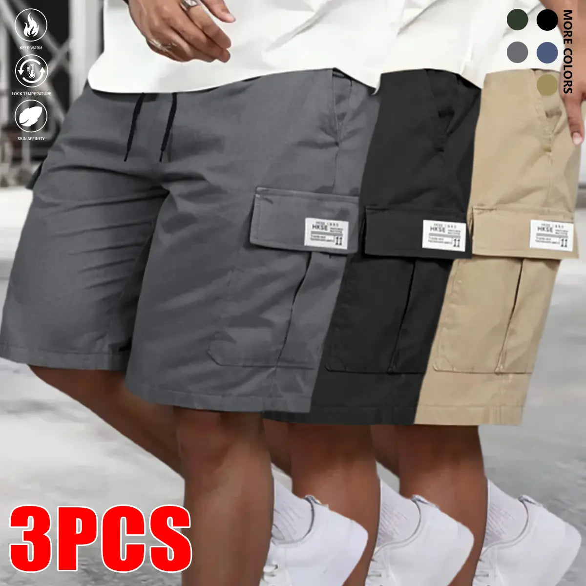 Men's 3-Pack Cargo Shorts Bundle (Black+Gray+Khaki) - Heavy-Duty Ripstop Fabric, Utility Pockets, Adjustable Waist, Fitted Cut, Workout Ready - Men's Clothing for Hiking, Construction Use, Size M