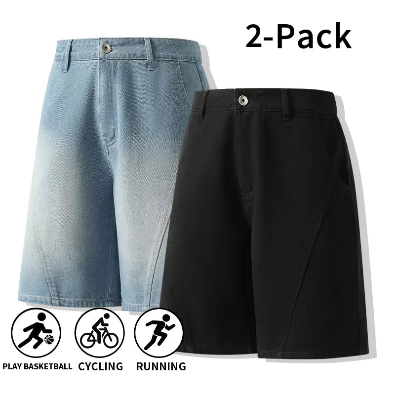 Men's 3-Pack Washed Denim Bermuda Shorts Outfits Set - Loose-Fit, Breezy Cut, Knee-Length, Breathable, Machine Wash, Sporty Casual for Outdoor, Everyday Wear