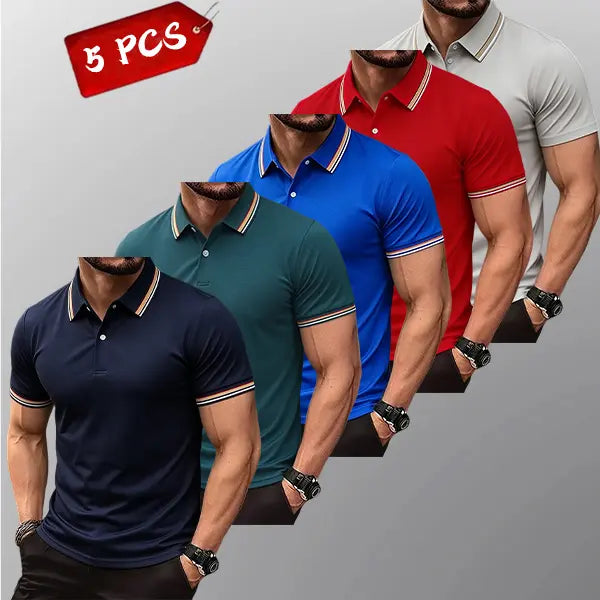 Men's 5-Pack Knit Striped Collar Short-Sleeve Fitted Polo Shirts - Slim Fit, Classic Button Front, Polyester Fabric, Breathable Moisture-Wicking Drip Dry, Cold Wash, Work Outdoor Tops, Menswear