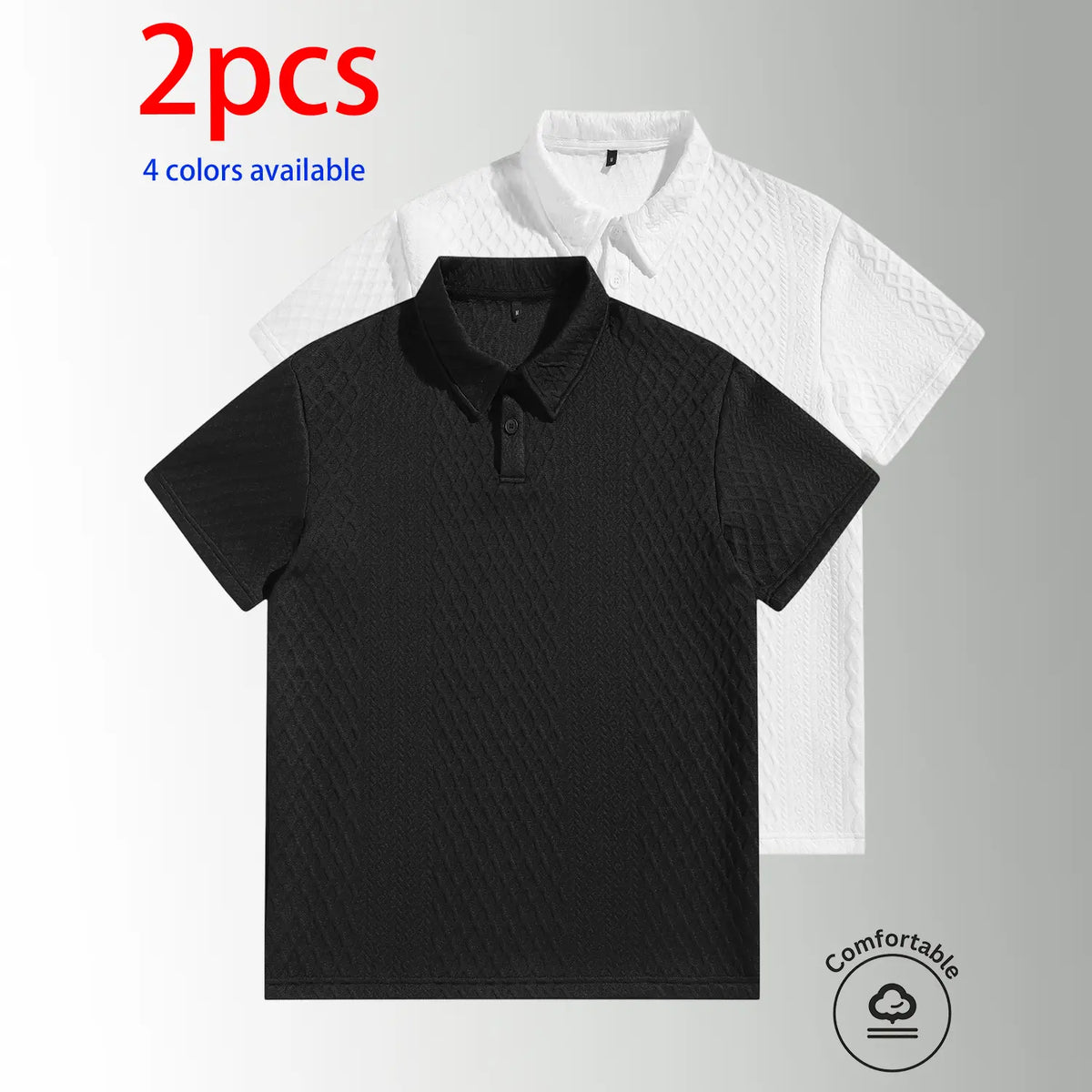 2-pack men’s short-sleeve polo shirts, men’s summer short-sleeve shirts. Men’s diamond jacquard bubble polo shirt, loose fit, no-fit style, solid color turn-down collar short sleeves, skin-friendly, breathable, comfortable, versatile. Suitable for everyda