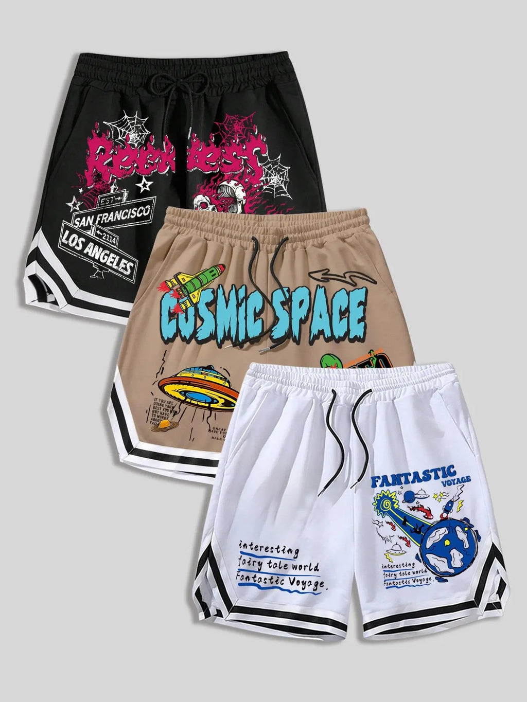 Men's 3 Pack Casual Shorts, Skull Space Cartoon Graffiti Graphic Print, Streetwear Summer Daily Shorts for Men