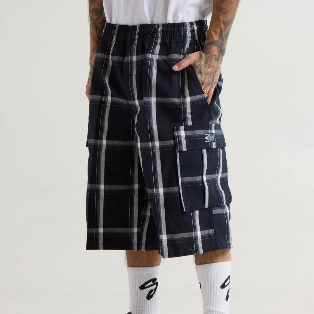 SHAKAWEAR Men's Checked Plaid Casual Streetwear Cargo Shorts - Stretch, 6 Pockets, Drawstrings, Versatile Outfits