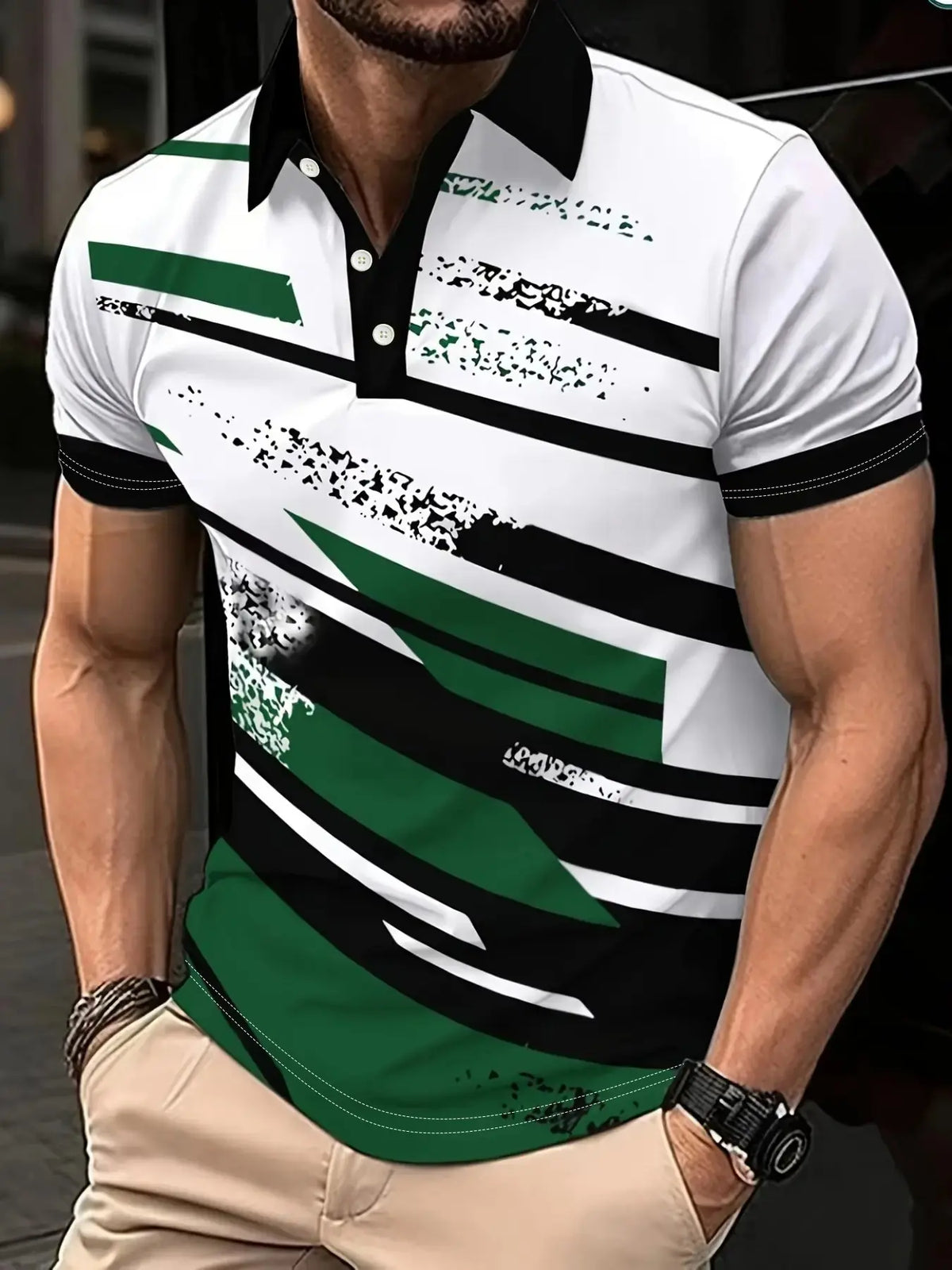 Men's Short Sleeve Polo Shirt, Modern Colorblock Striped Print T-Shirt, Breathable Casual & Formal, H-Type Fit, Spring Summer, Breathable Printed Polo Shirts