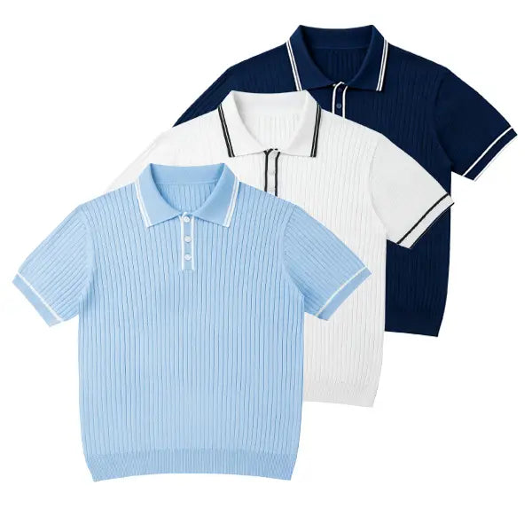 Men's Vintage Ribbed Knit Stripe Fitted Polo Shirt - Short-Sleeve, Slim Fit, Contrast Tipped Collar, Breathable Classic Casual T-Shirts for All Seasons, Old Money Aesthetic Golf Wear