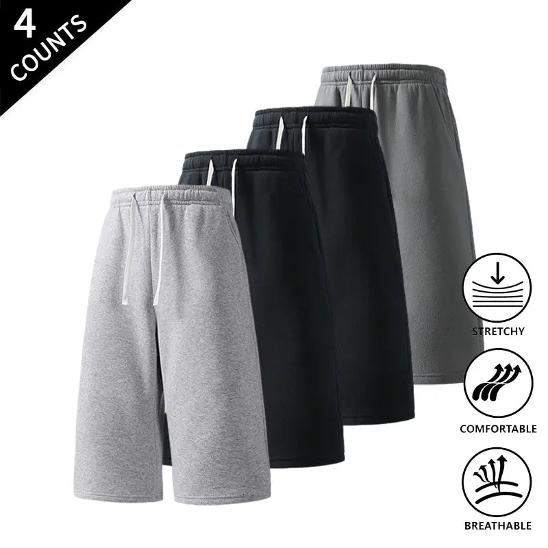 Men's Plain Stretchy Mid-Calf Cropped Pants 4-Pack - Menswear Sports Clothes for Casual, Outdoor Use - Available in Light Gray + Black + Rose Red + Navy Blue