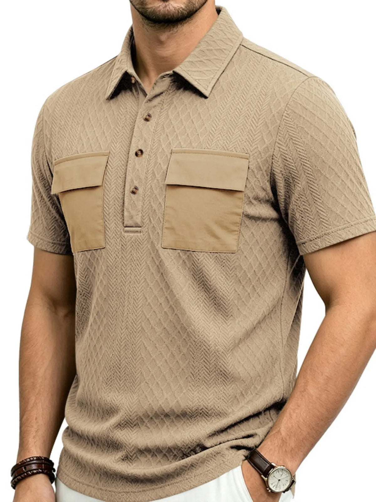 Men's Summer Breathable Polo Shirts, Dual Chest Pocket Design, Button Placket, Breathable Short Sleeve, Classic Street Style, Office, Casual Wear, Top, Streetwear Polo Shirt, Breathable Summer Polos