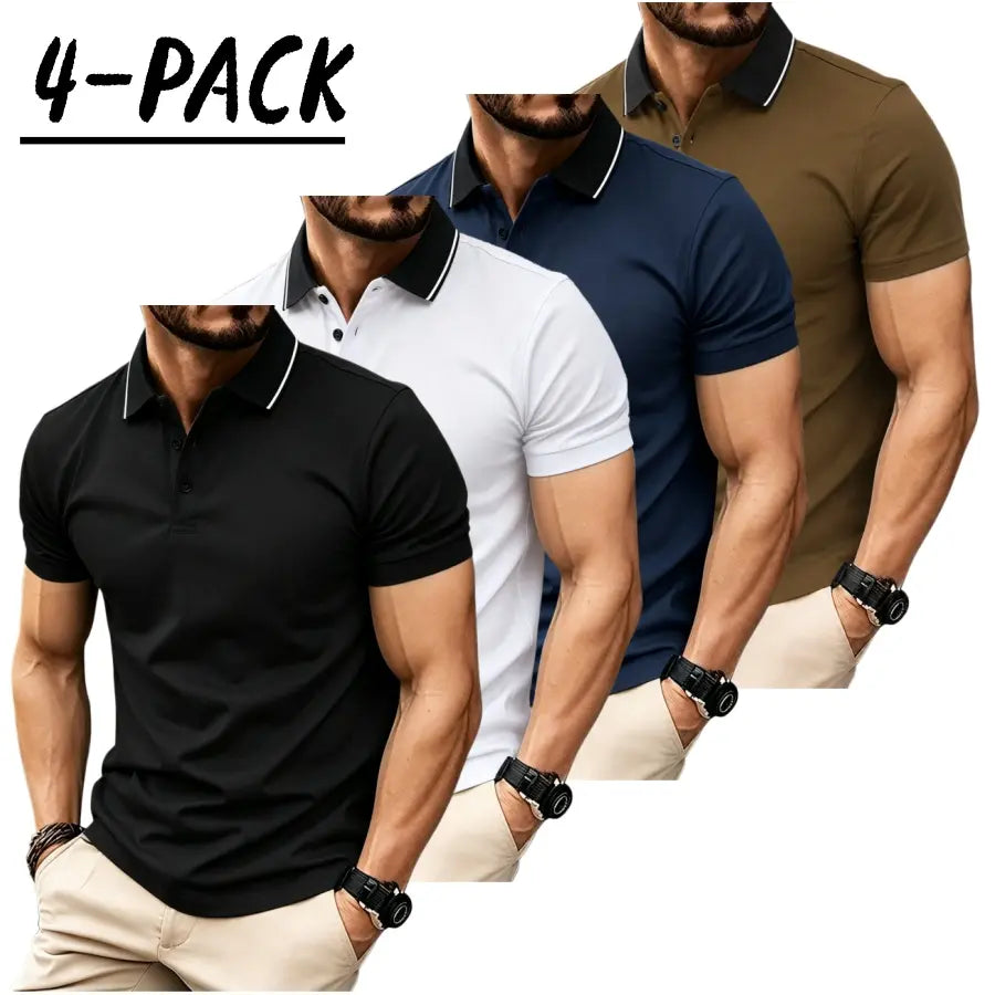 Men’s short sleeve polo shirt set of four pieces with a turn down collar and three buttons; urban casual style with contrast piping at the collar, slim tailored shoulders, and refined bead detailing. Suitable for men’s commuting, shopping, and exploring s