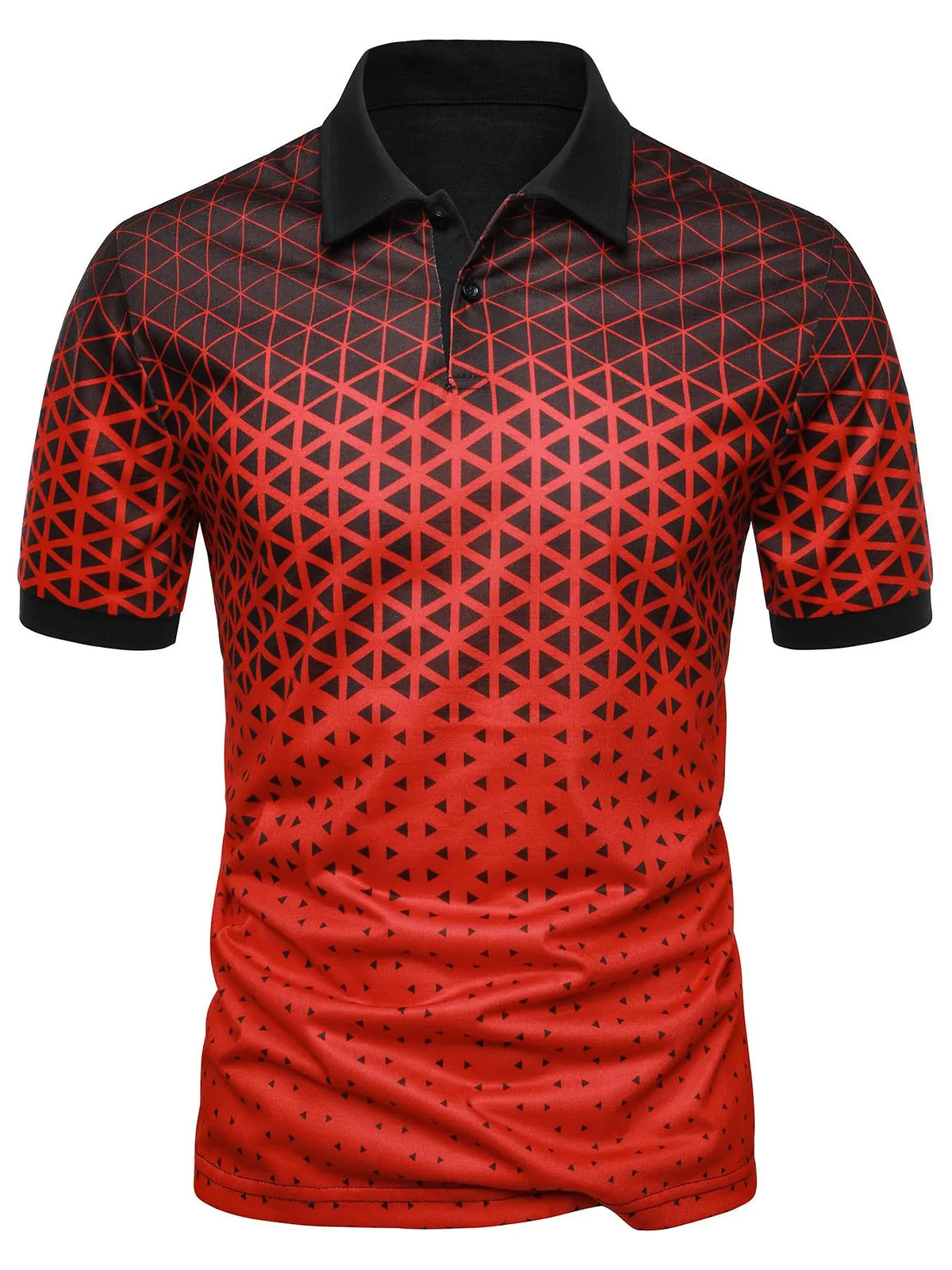 Men's Regular Fit Ombre Geometric Print Short Sleeve Jersey Fabric Polo Shirt, Printed Shirts, Fitted Stretch, Casual Alternative Graphic Button Front Half Placket Collared Top for Summer, Menswear
