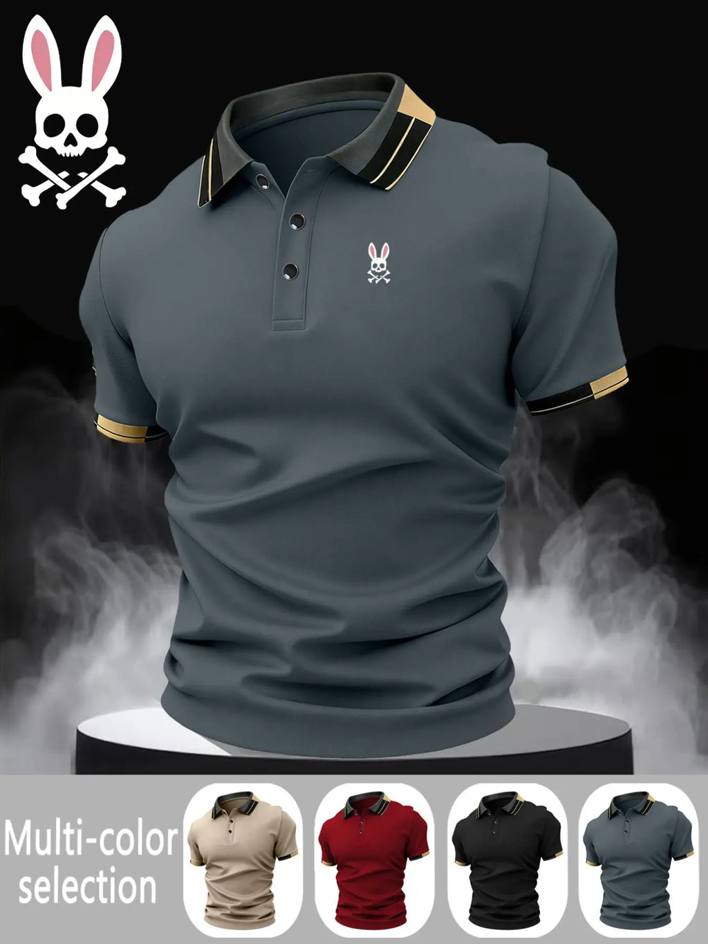 Men's Skull Rabbit Print Collared Polo Shirt, Elastic Casual Breathable Four Seasons Wear, Comfortable Durable High‑End Polo Top, Casual Polo Shirts