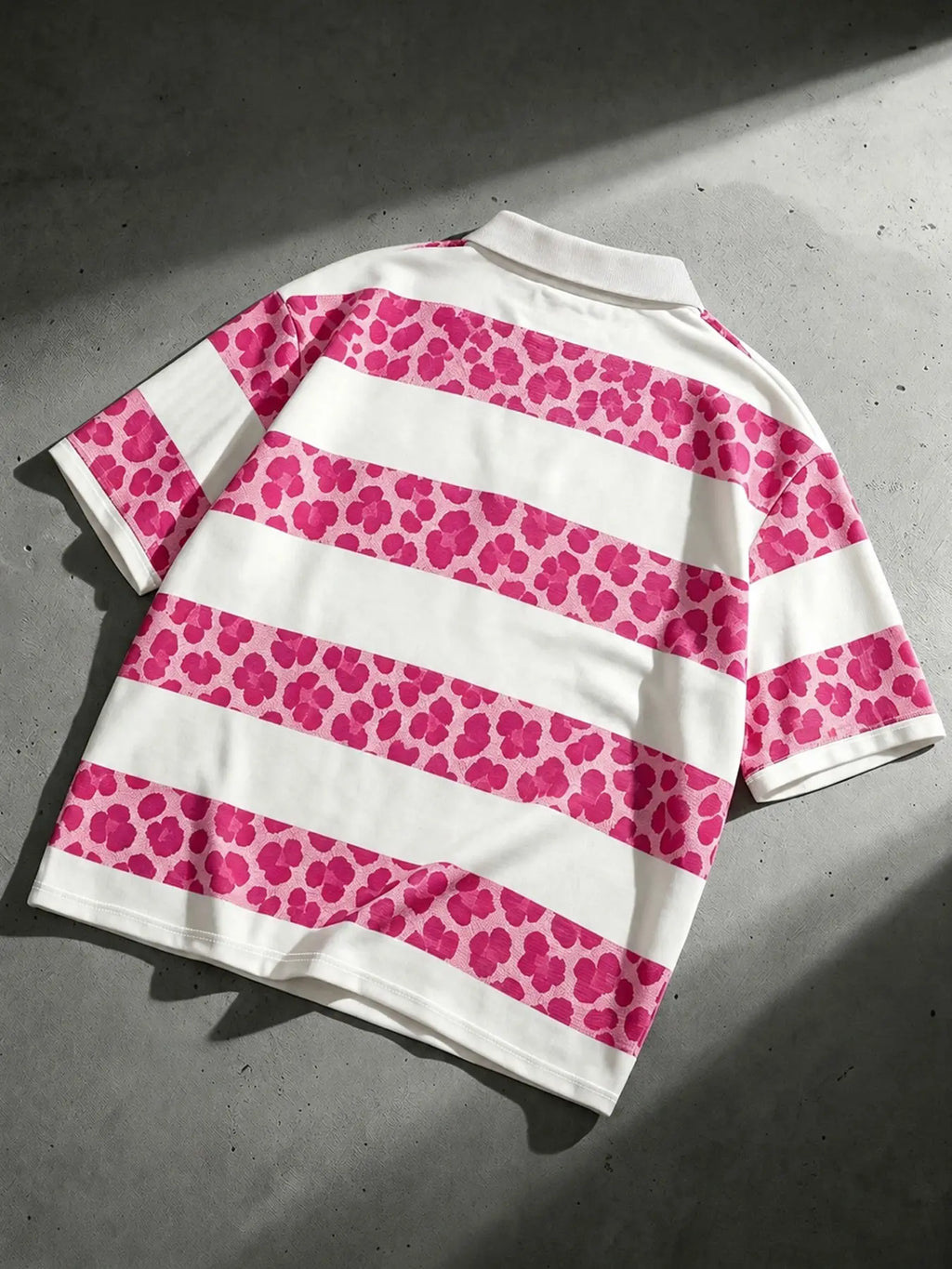 Men's Leopard Print And White Striped Patchwork Printed Polo Shirt, Loose Fit Short Sleeve Casual Top For Summer Polos Daily Streetwear Menswear