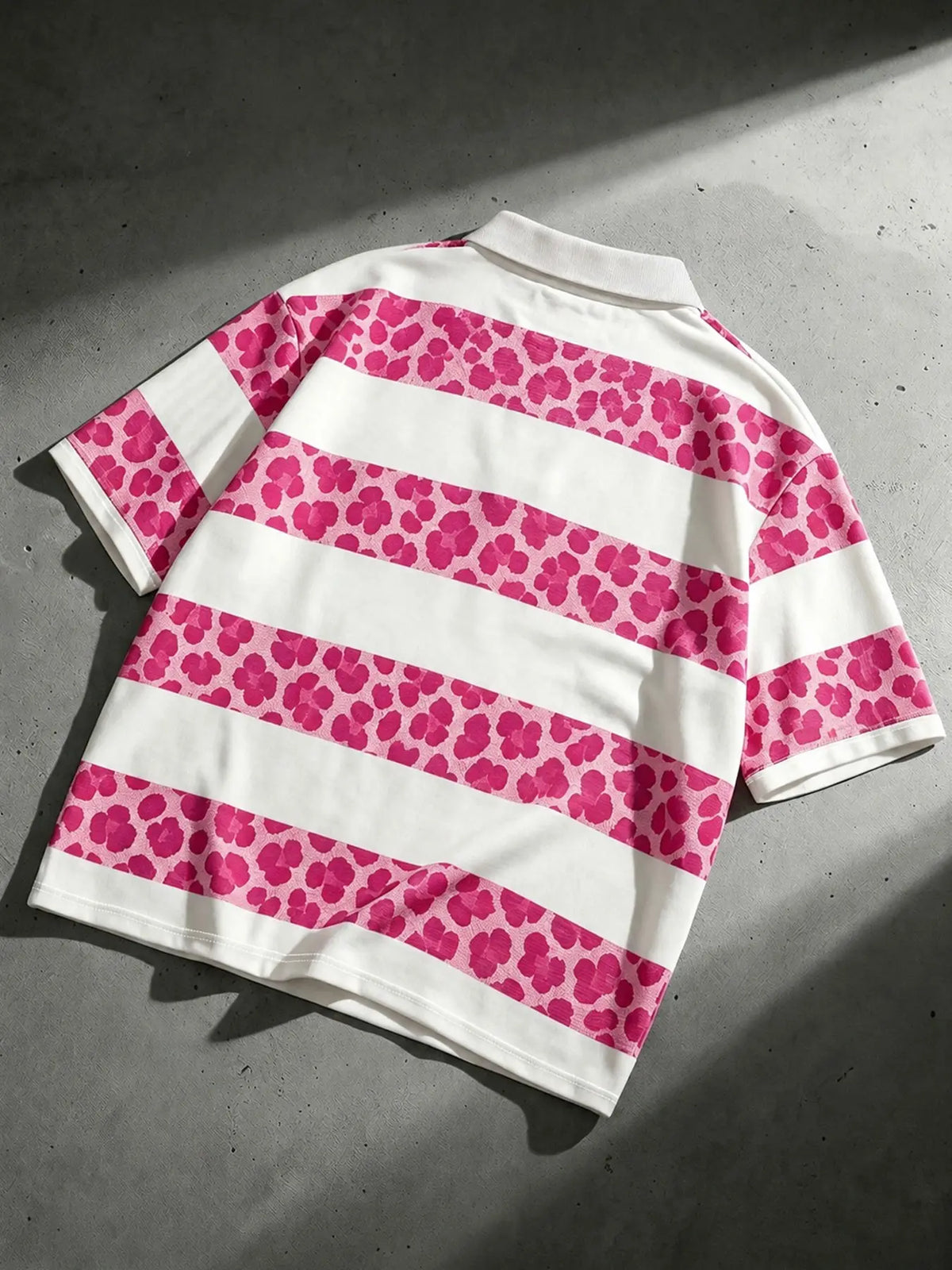 Men's Leopard Print And White Striped Patchwork Printed Polo Shirt, Loose Fit Short Sleeve Casual Top For Summer Polos Daily Streetwear Menswear