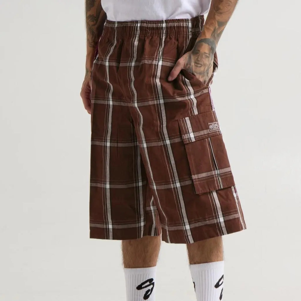 SHAKAWEAR Men's Checked Plaid Casual Streetwear Cargo Shorts - Stretch, 6 Pockets, Drawstrings, Versatile Outfits