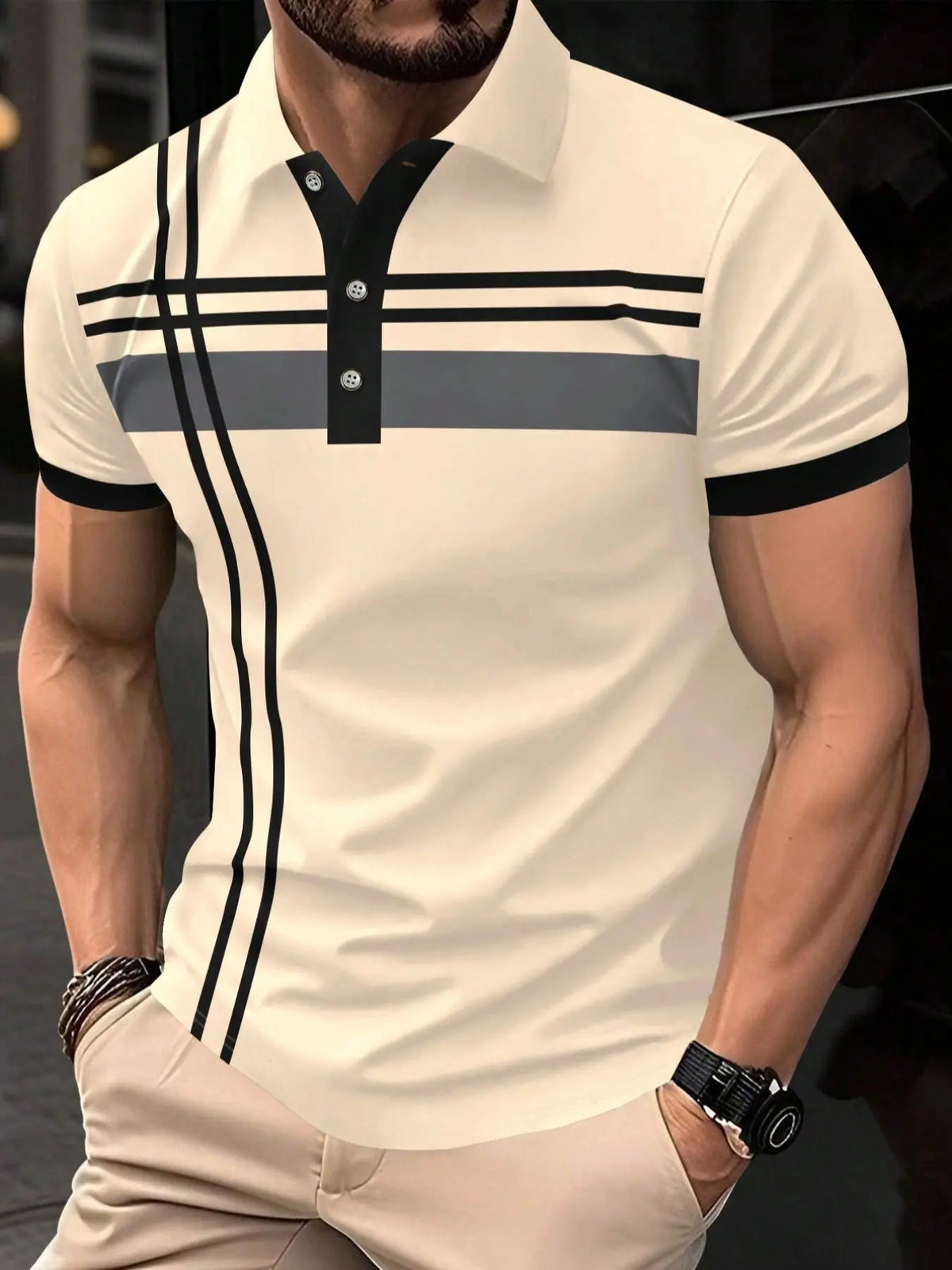 Men's Striped Print Contrast Binding, Casual Short-Sleeve Button-Front Top, Casual Polo Shirts for Summer, Fashion Men's Clothes for Daily Wear