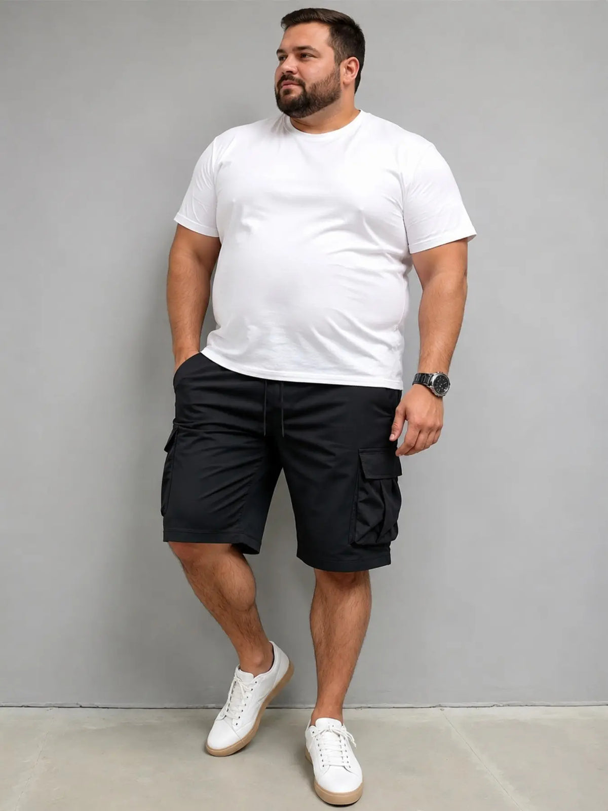 Large Size Men's Fashion Cargo Style Shorts, Plain Polyester Material, Multiple Pockets Design, Non-Elastic, Summer Daily Wear, Casual Streetwear Outdoor Shorts, Menswear