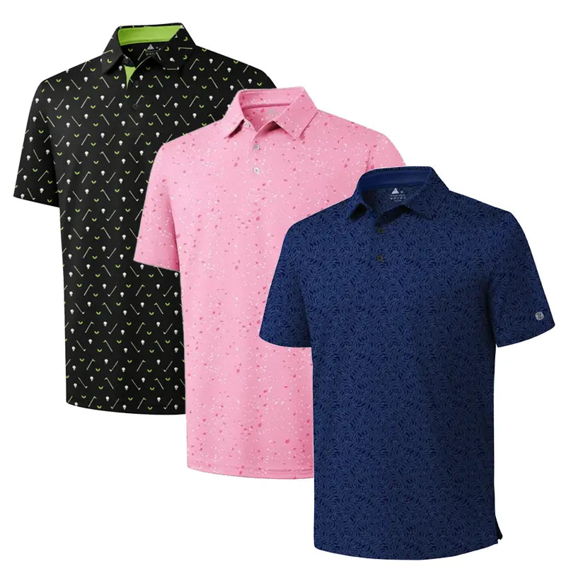 ZITY Men’s 3-Pack Short Sleeve Unique Prints Button Polo Shirts - 4-Way Stretch, Breathable, Moisture Wicking, Cool Touch, UPF 30+ Protection, Casual Outdoors/Party Top - Check Size Chart, Holiday Gifts for Boyfriend