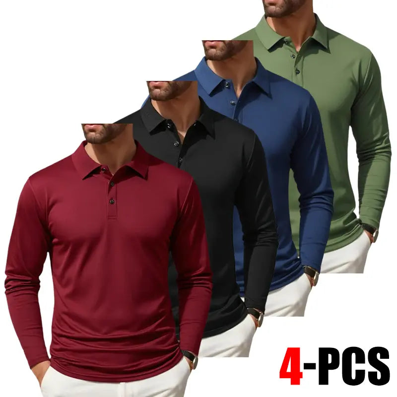 Clean Gent 4-Piece Men's Long Sleeve Polo Shirt, Soft and Comfortable Men's Golf Shirt, Casual Long Sleeve Classic POLO Shirt, Button Front Blouse, Elastic Fashion Men's Clothing, All Seasons
