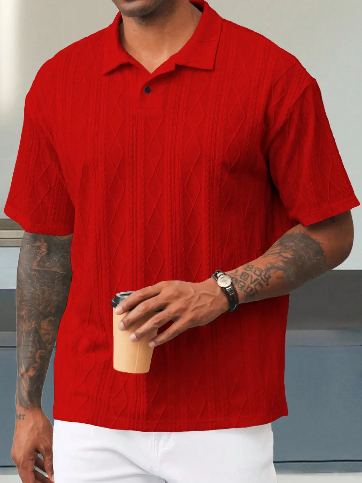 Men's Textured Design Knitted Polo Shirt, Casual Summer Fitted Plain Short Sleeve Top, Soft Breathable Fabric, Trendy Daily Wear, Casual Polo Shirts