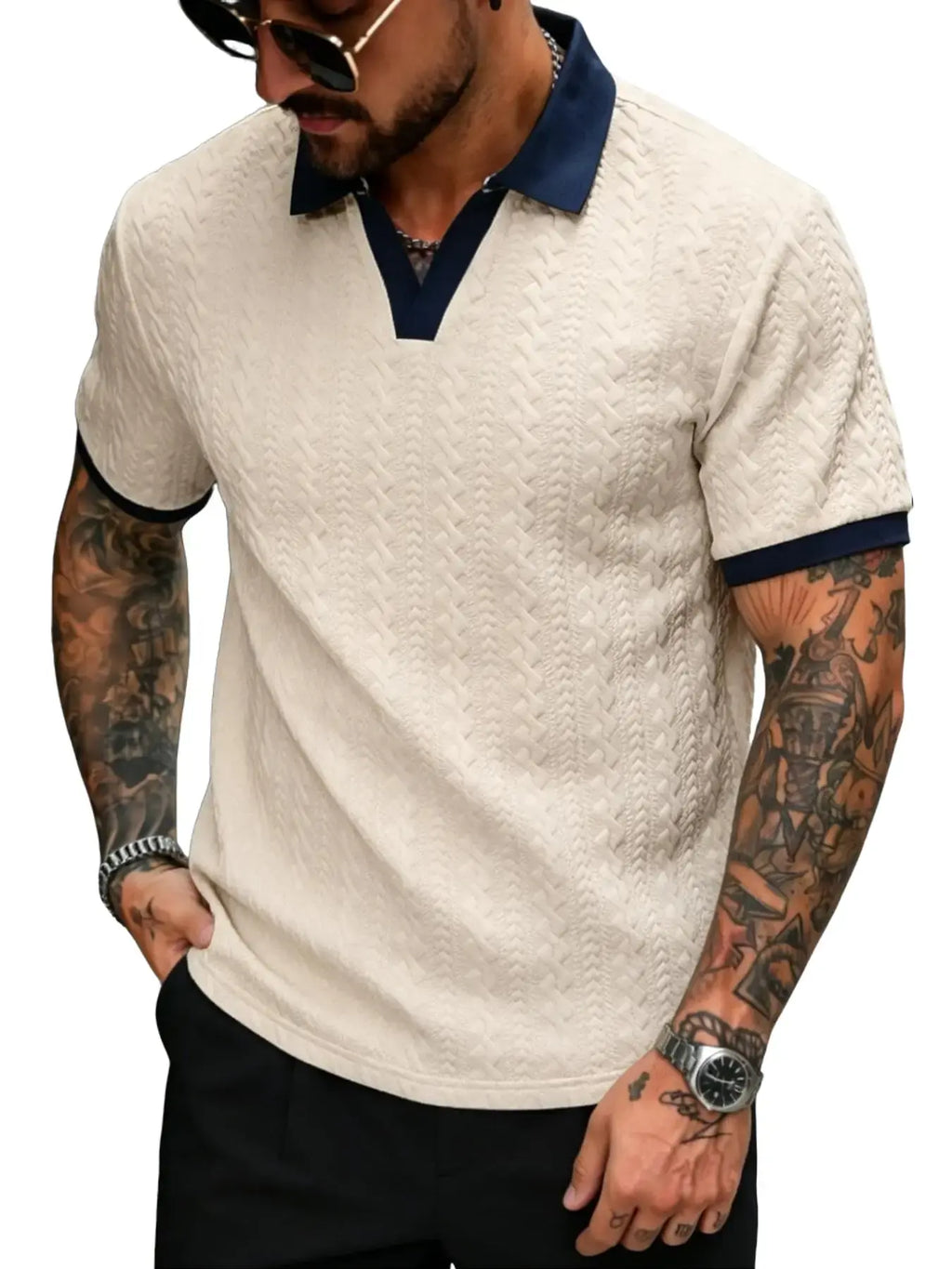 Men’s Cream V-Neck Polyester Knit Polo Shirt - Contrast-Color, Short-Sleeve, Textured, Retro-Style, Fitted Cut, Medium Length Male Clothing for Casual Commuting, Moire Stripes