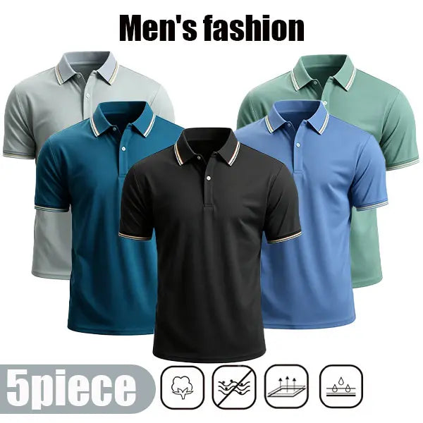 Men's 5-Pack Short-Sleeve Polo Shirts Set, Classic Notched Collar, Soft Lightweight Breathable Moisture-Wicking Fabric, Striped Athletic Activewear Top, Multiple Stylish Colors, Casual Sport Menswear