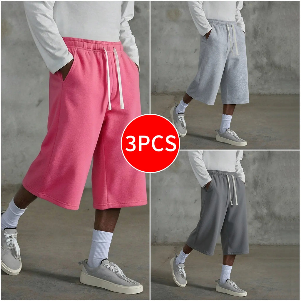 3-pack Men’s casual seven-eighths shorts, summer street style; men’s straight-leg athletic pants; soft, comfortable jogging pants with pockets—suitable for everyday life, work, travel, running, leisure, and outdoor activities.