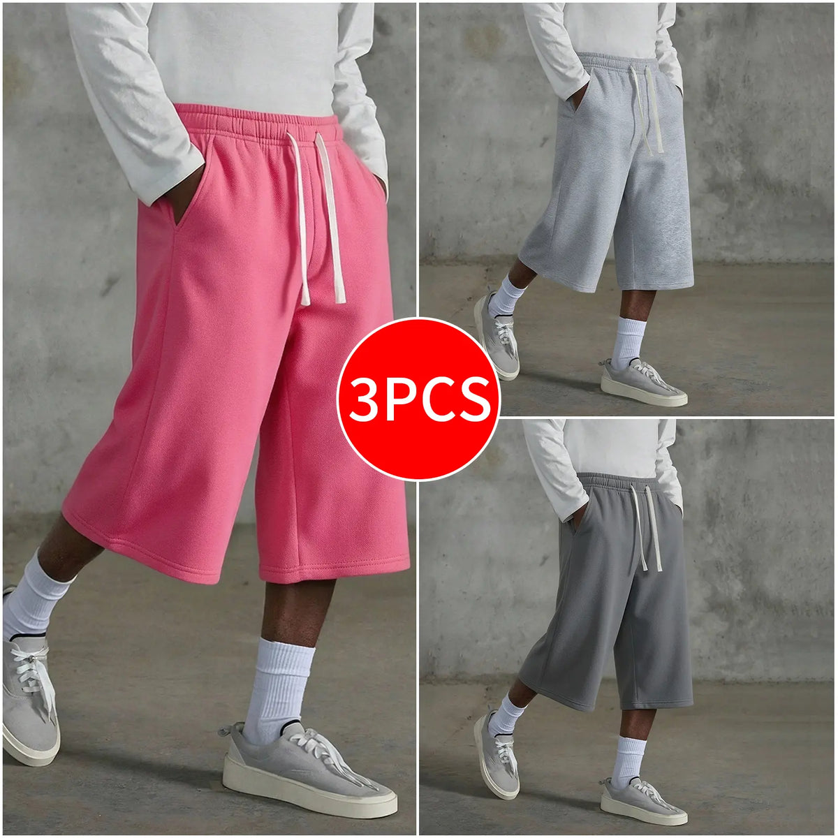 3-pack Men’s casual seven-eighths shorts, summer street style; men’s straight-leg athletic pants; soft, comfortable jogging pants with pockets—suitable for everyday life, work, travel, running, leisure, and outdoor activities.