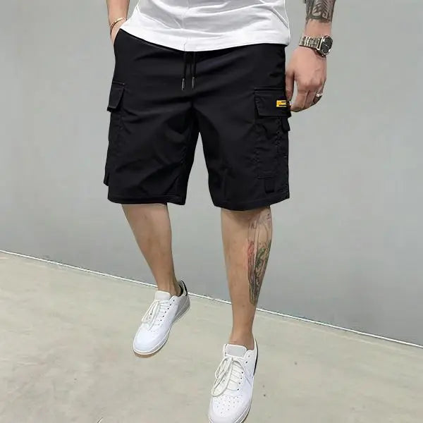 Men's 3-Piece Plain Streetwear Utility Outfits - Hoodie, Multi-Pocket Design Lightweight Mid-Rise Utility Men's Shorts, Comfortable Stylish Outdoor Clothes, Suitable for Everyday Casual & Sports Wear, Beige, Multi-Pocket Design Men's Shorts
