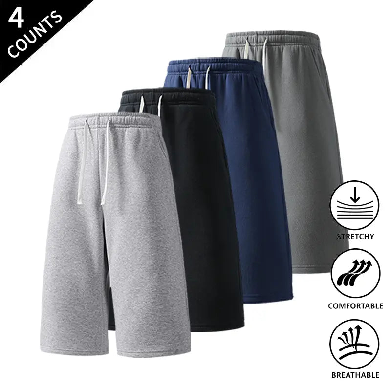 Men's Plain Stretchy Mid-Calf Cropped Pants 4-Pack - Menswear Sports Clothes for Casual, Outdoor Use - Available in Light Gray + Black + Rose Red + Navy Blue