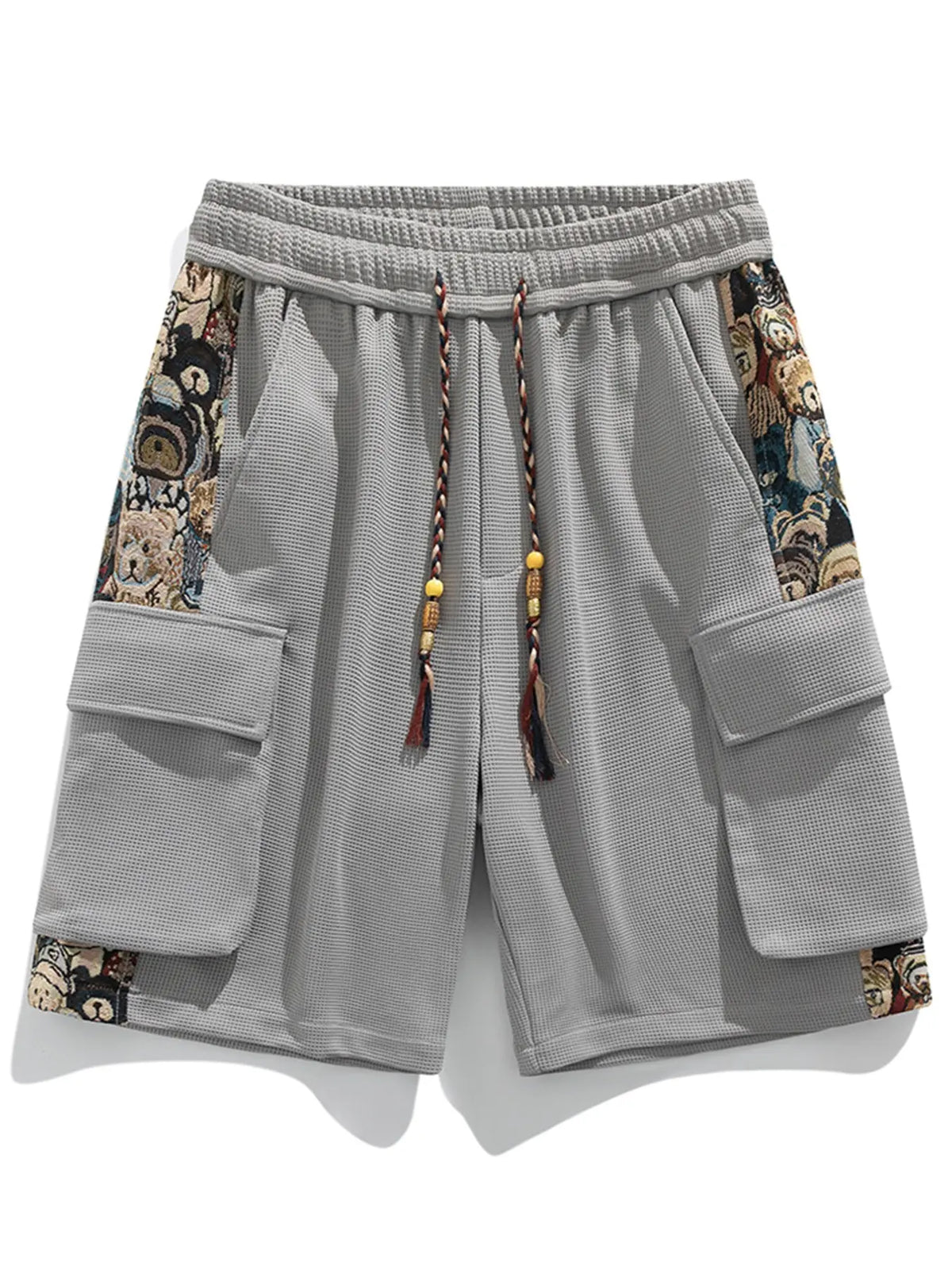 Men's Trendy Cargo Shorts with Cartoon Print, Casual Fitted Pocket Shorts for Summer, Stylish Drawstring Waist Shorts, Fashionable Shorts, Drawstrings Shorts