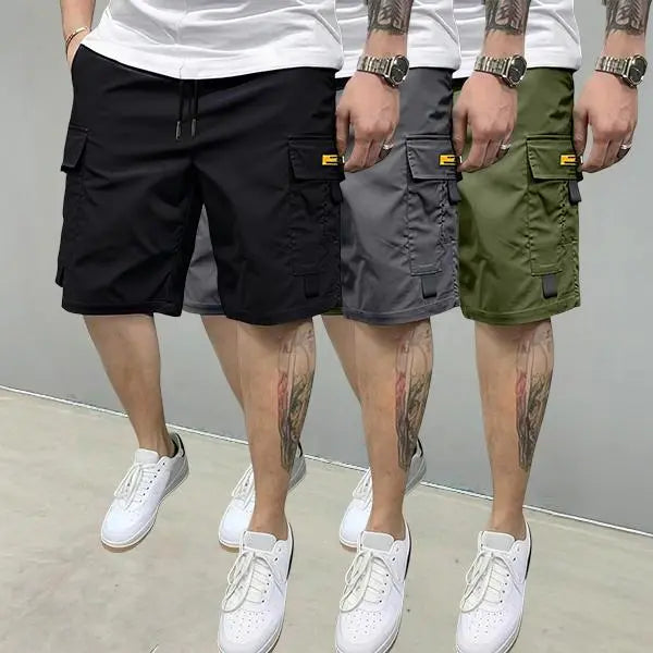 Men's 3-Piece Plain Streetwear Utility Outfits - Hoodie, Multi-Pocket Design Lightweight Mid-Rise Utility Men's Shorts, Comfortable Stylish Outdoor Clothes, Suitable for Everyday Casual & Sports Wear, Beige, Multi-Pocket Design Men's Shorts