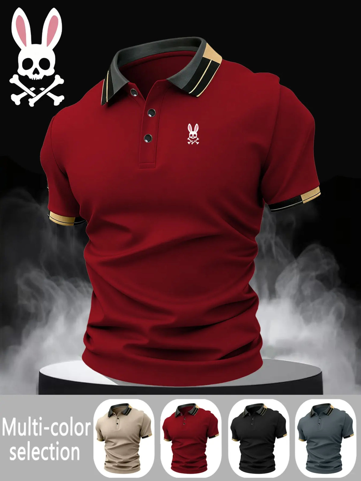 Men's Skull Rabbit Print Collared Polo Shirt, Elastic Casual Breathable Four Seasons Wear, Comfortable Durable High‑End Polo Top, Casual Polo Shirts