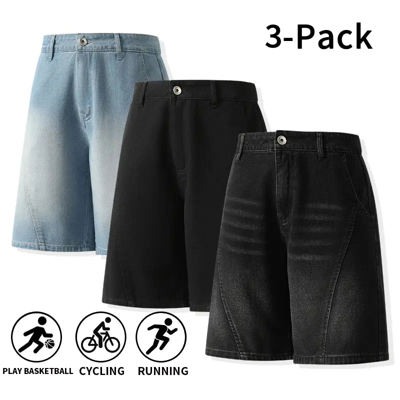 Men's 3-Pack Washed Denim Bermuda Shorts Outfits Set - Loose-Fit, Breezy Cut, Knee-Length, Breathable, Machine Wash, Sporty Casual for Outdoor, Everyday Wear
