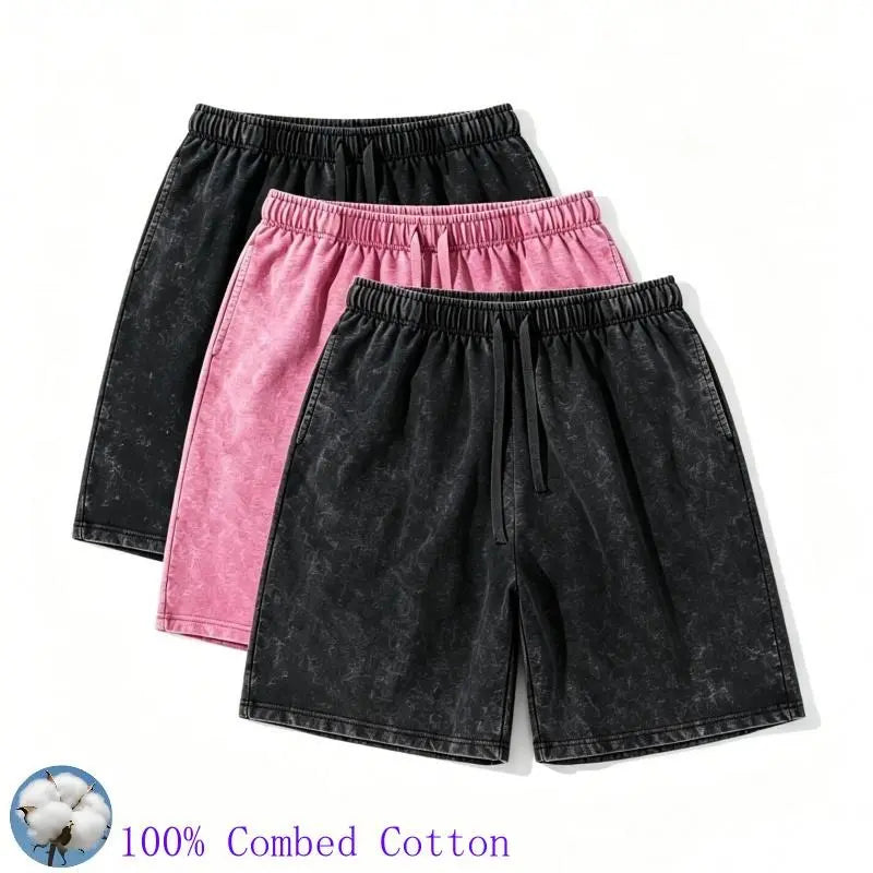 Men's 100% Combed Cotton Washed Drawstring Beach Shorts - Above-the-Knee, Elastic Waist, Loose Fit, Breathable Comfy Fabric, Side Pockets, Summer Casual Wear, S-3XL