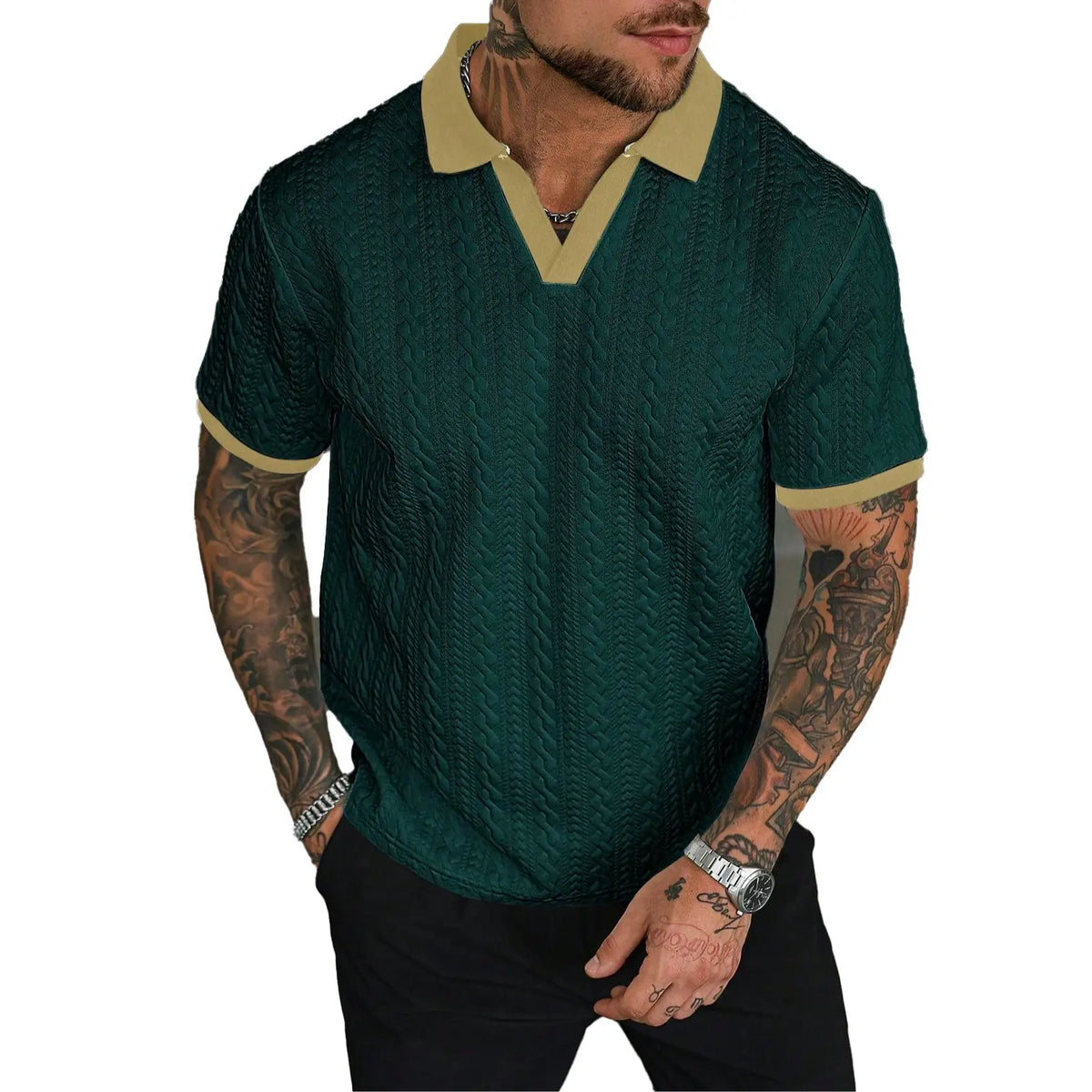 Men’s Cream V-Neck Polyester Knit Polo Shirt - Contrast-Color, Short-Sleeve, Textured, Retro-Style, Fitted Cut, Medium Length Male Clothing for Casual Commuting, Moire Stripes