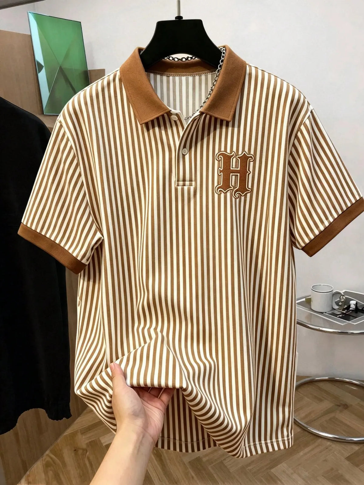Men's Vintage Striped Slim Fit Polo Shirt, Gothic H Letter Print Contrast Neck Casual Short Sleeve T-Shirt, Retro College Style Summer Top, Printed Polo Shirts