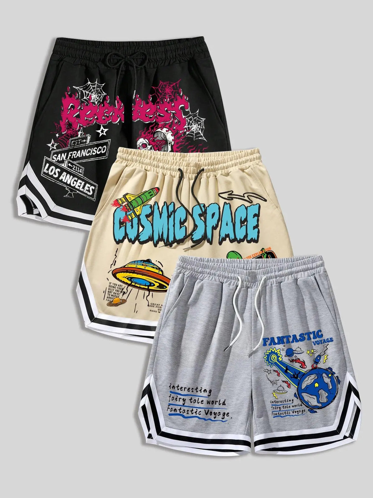 Men's 3 Pack Casual Shorts, Skull Space Cartoon Graffiti Graphic Print, Streetwear Summer Daily Shorts for Men