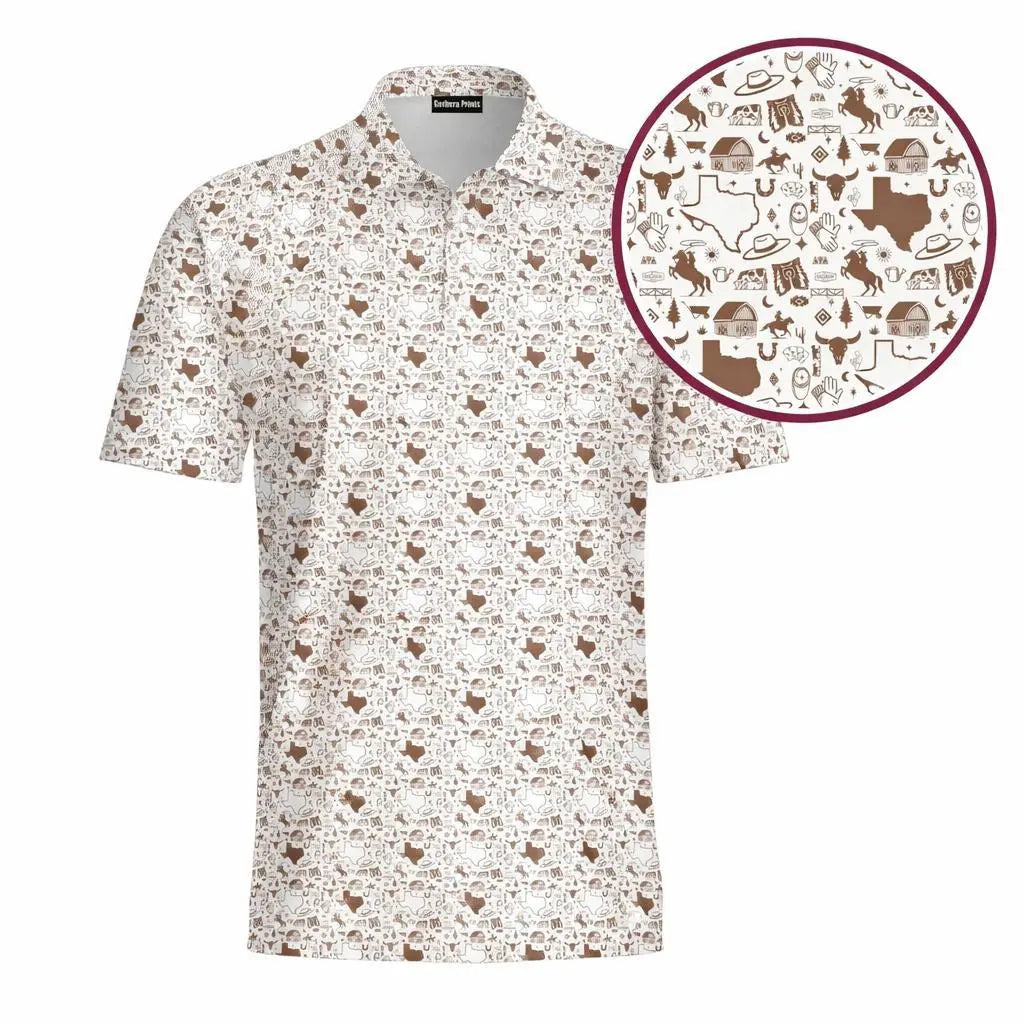 Men's White Brown Western Performance Golf Polo Shirt Made in USA