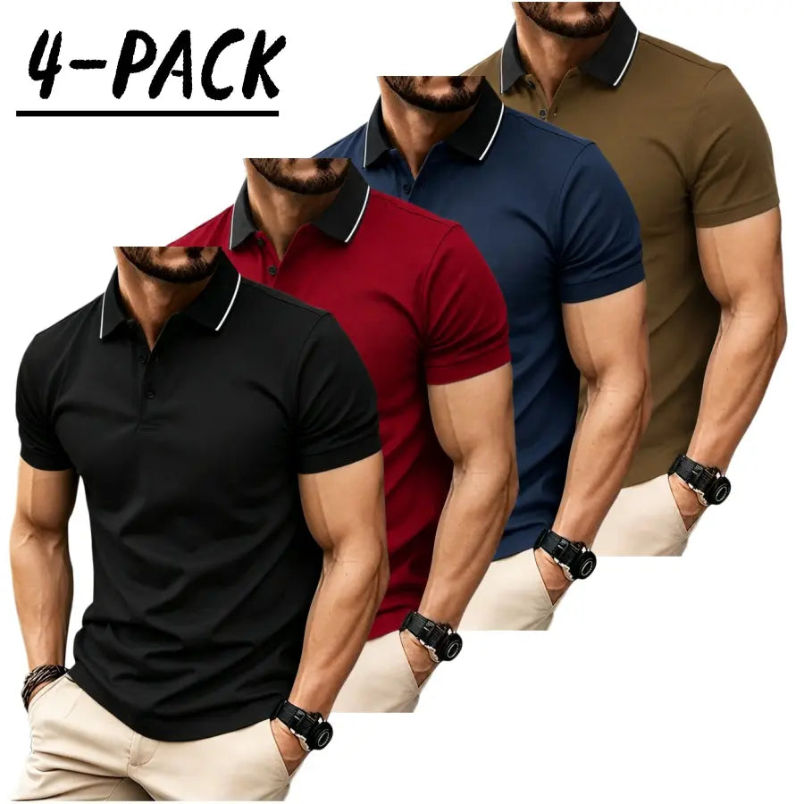 Men’s short sleeve polo shirt set of four pieces with a turn down collar and three buttons; urban casual style with contrast piping at the collar, slim tailored shoulders, and refined bead detailing. Suitable for men’s commuting, shopping, and exploring s