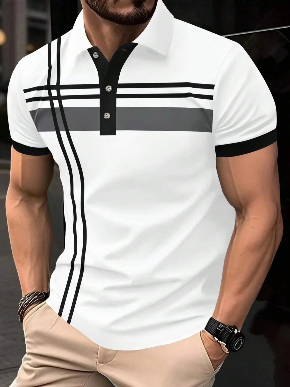 Men's Striped Print Contrast Binding, Casual Short-Sleeve Button-Front Top, Casual Polo Shirts for Summer, Fashion Men's Clothes for Daily Wear