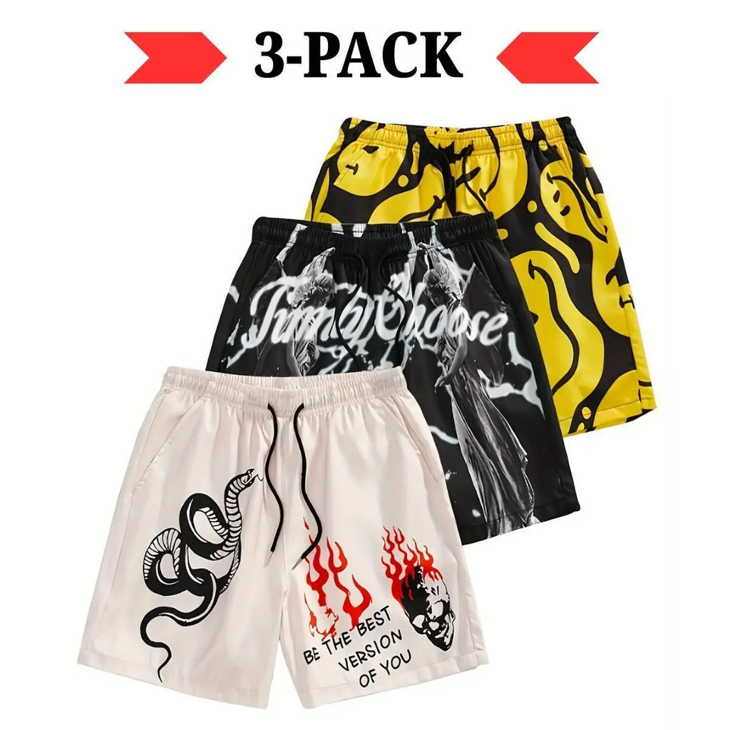 Men's 3-Pack Graphic Bold Pattern Summer Shorts - Casual Street Style Woven Polyester, Loose-Fitting Quick-Drying Men's Bottoms, Size M