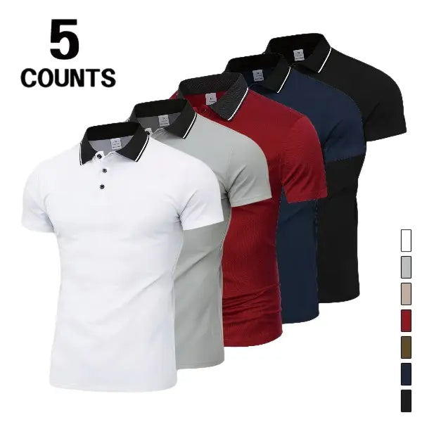 Men's Knit Fitted Stylish Breathable Basic Summer Multi-Color Short Sleeve Polo Shirts (Pack of 5) - 3-Button Front, Soft Skin-Friendly Fabric, Slim Fit, Suitable for Business & Casual Wear