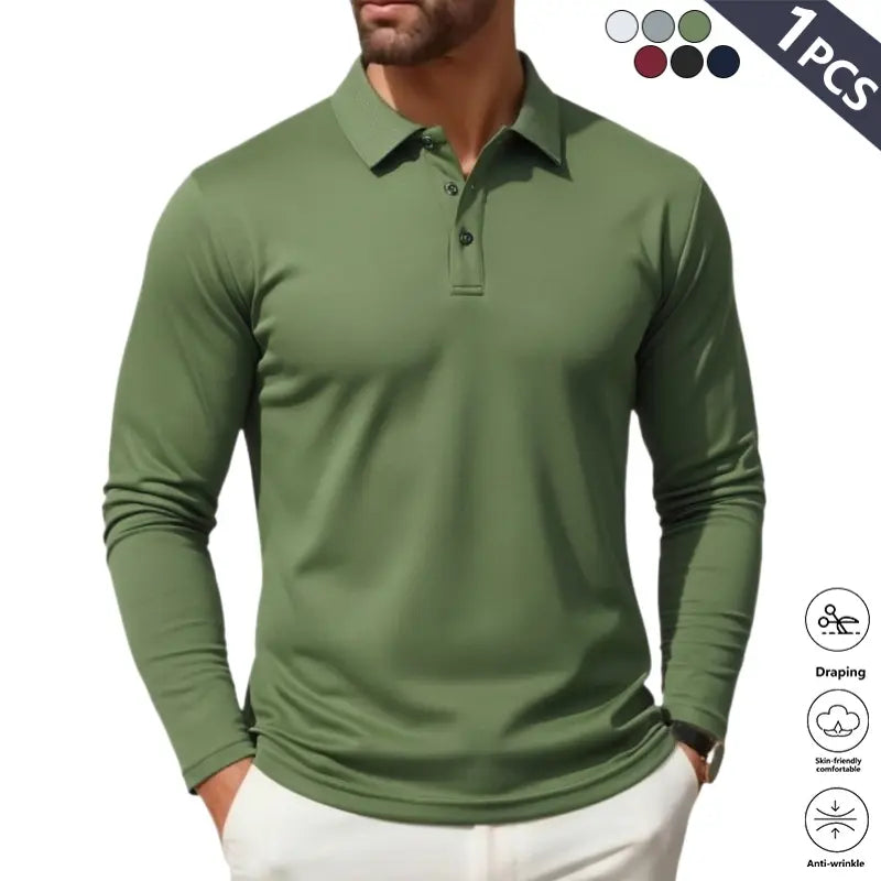 Clean Gent 4-Piece Men's Long Sleeve Polo Shirt, Soft and Comfortable Men's Golf Shirt, Casual Long Sleeve Classic POLO Shirt, Button Front Blouse, Elastic Fashion Men's Clothing, All Seasons