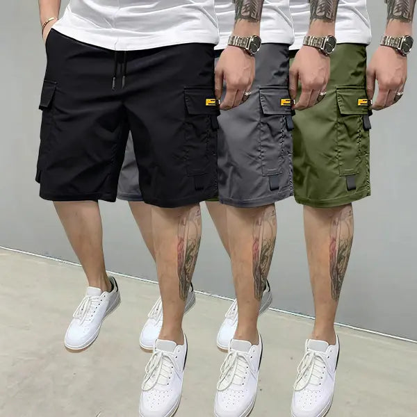 Men's 3-Piece Plain Streetwear Utility Outfits - Hoodie, Multi-Pocket Design Lightweight Mid-Rise Utility Men's Shorts, Comfortable Stylish Outdoor Clothes, Suitable for Everyday Casual & Sports Wear, Beige, Multi-Pocket Design Men's Shorts