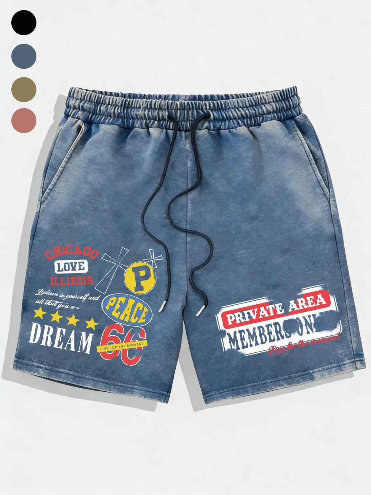 Men's Washed '66 Road' Loose Graphic Shorts, Vintage Patchwork Print, Soft Cotton Blend Fabric, Casual Street Style, Daily Wear, Casual Streetwear Shorts