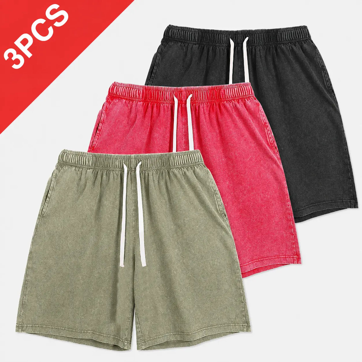 Men's 100% Combed Cotton Washed Drawstring Beach Shorts - Above-the-Knee, Elastic Waist, Loose Fit, Breathable Comfy Fabric, Side Pockets, Summer Casual Wear, S-3XL