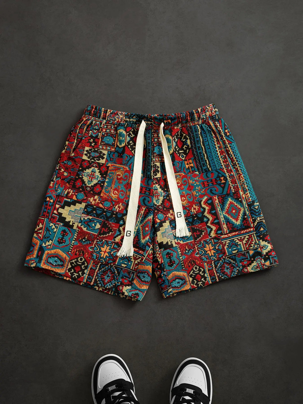 Ethnic Printed Loose Mid Men's Shorts, Summer Retro Casual Beach Shorts, Trendy Street Style Versatile Pants for Everyday Wear, Fashion Casual Shorts