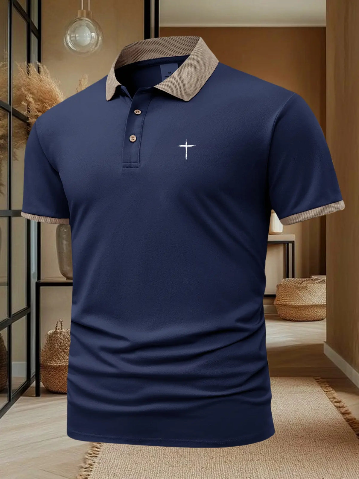 Men's Cross Print Casual Classic Short Sleeve Polo Shirt, Summer Fashion Breathable Top, Stylish Leisure Wear, Perfect Gift Idea